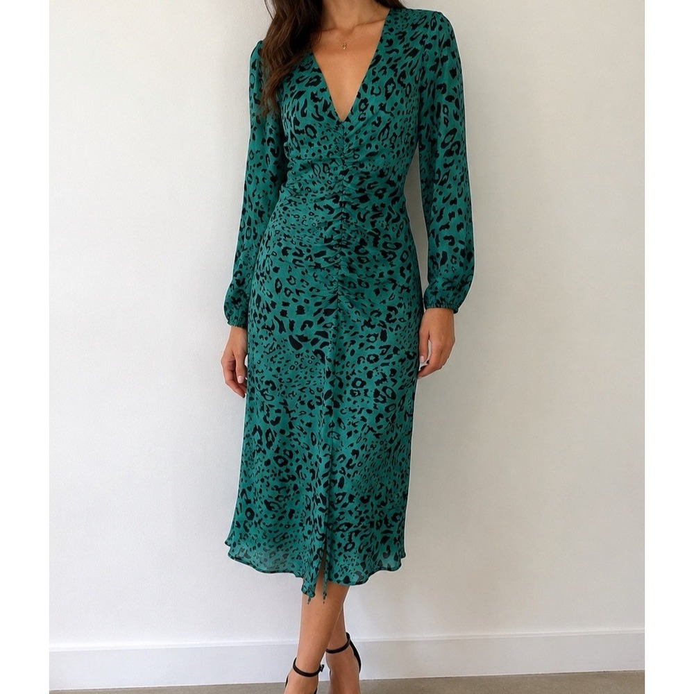 NSR Leopard Print Satin Midi Dress NWT Ruched Plunge Long Sleeve Cocktail Sz M